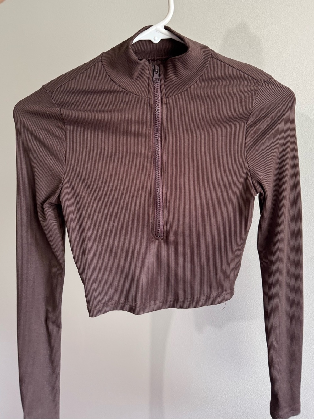 Brown Ribbed Half-Zip Crop Top